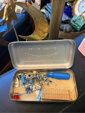 Vintage Blue Metal Hinged Lid Sewing Machine Accessories Box With Sewing Notions